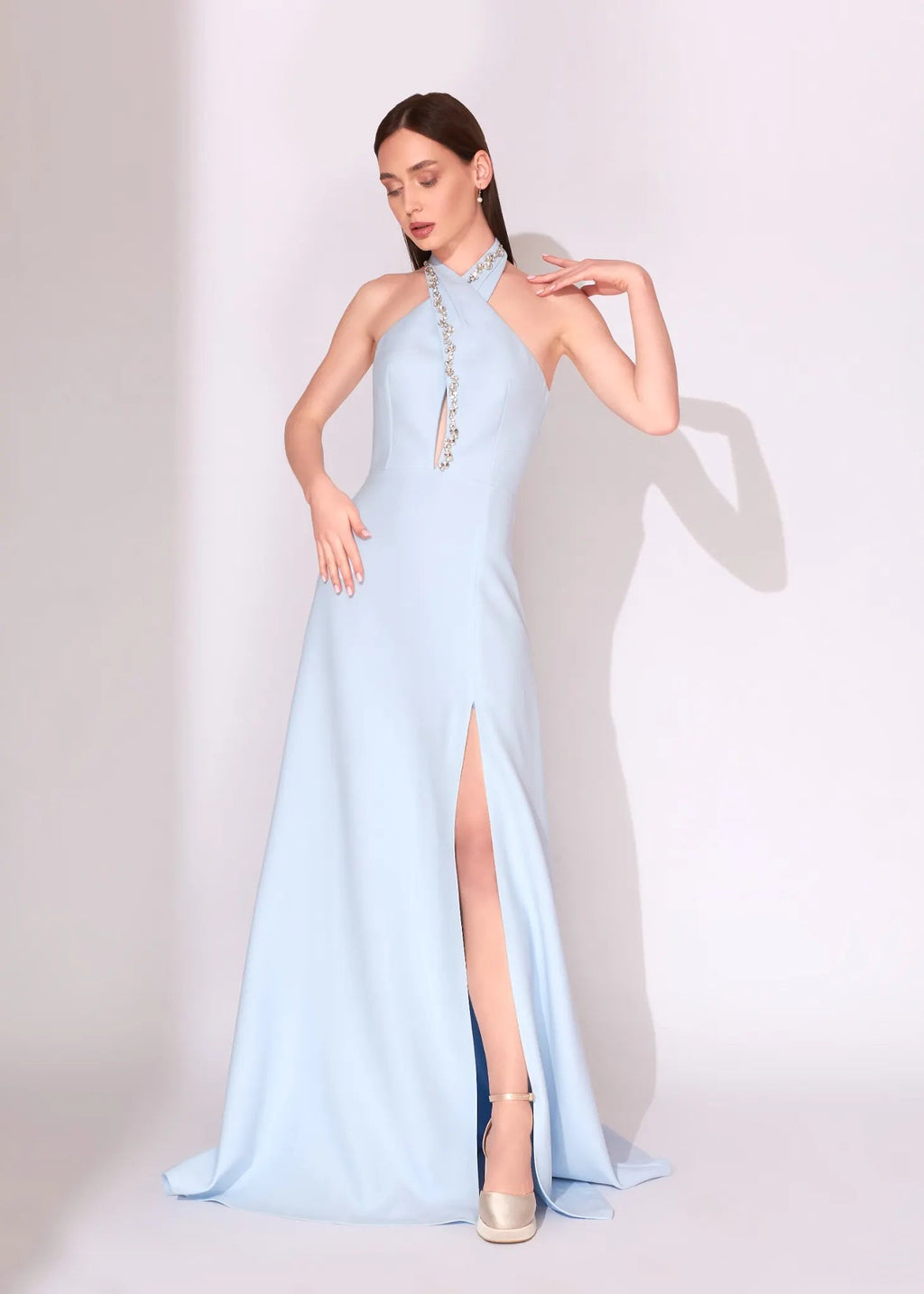 Yellow Crystal Halter Evening Dress with High Slit - Paria Masoumi