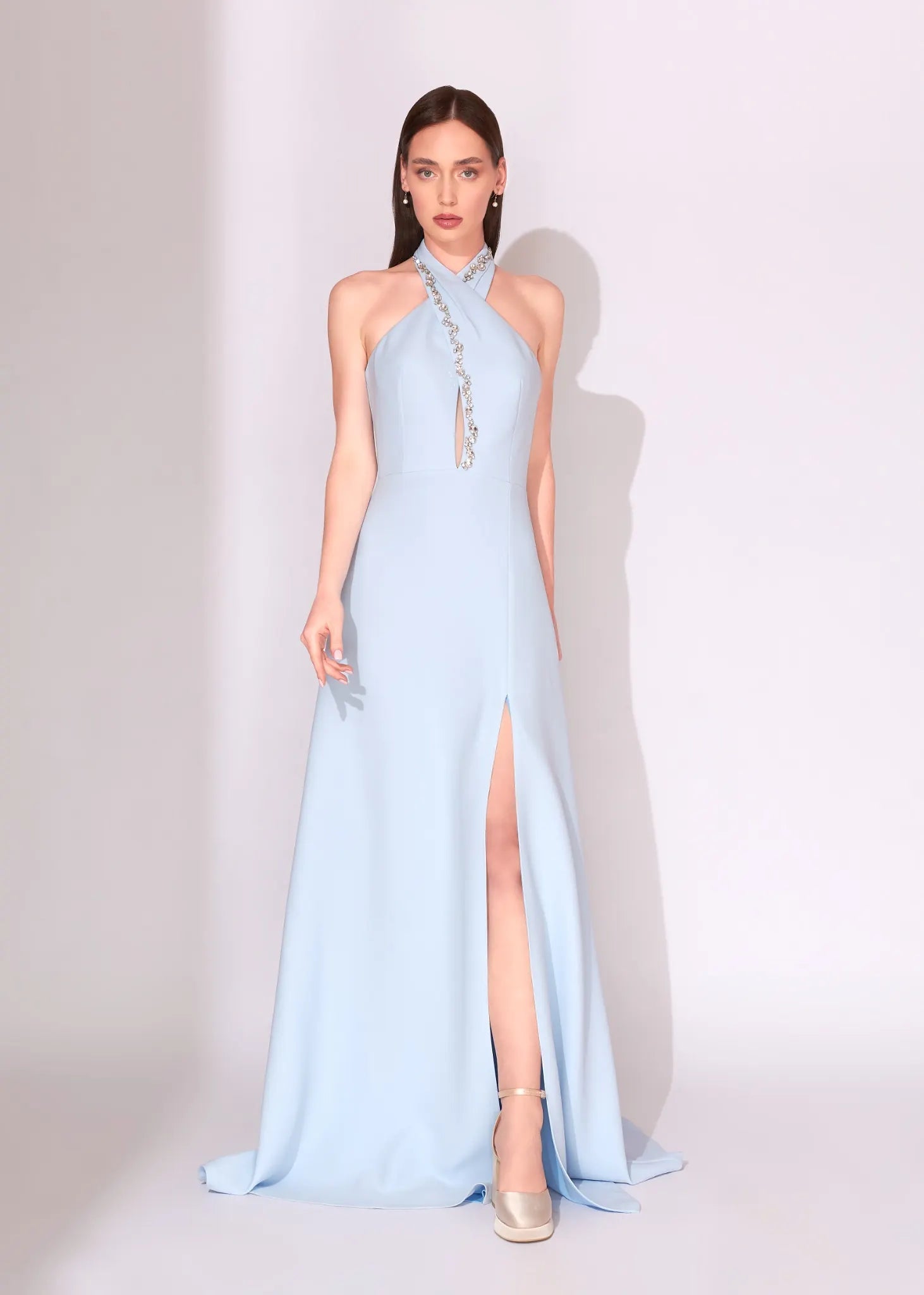 Yellow Crystal Halter Evening Dress with High Slit - Paria Masoumi
