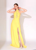 Yellow Crystal Halter Evening Dress with High Slit - Paria Masoumi