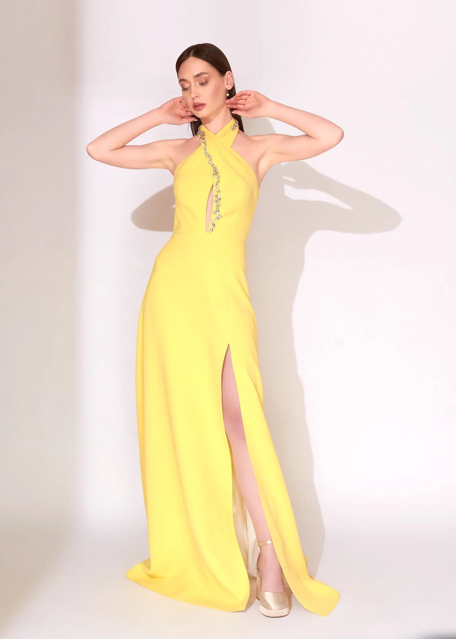 Yellow Crystal Halter Evening Dress with High Slit - Paria Masoumi