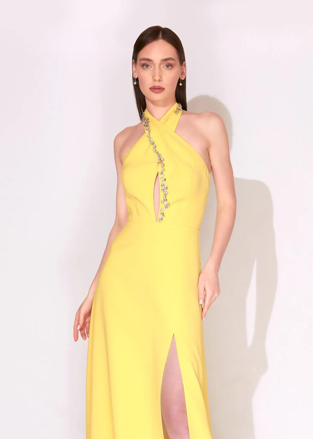 Yellow Crystal Halter Evening Dress with High Slit - Paria Masoumi