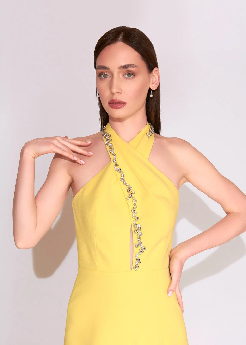 Yellow Crystal Halter Evening Dress with High Slit - Paria Masoumi